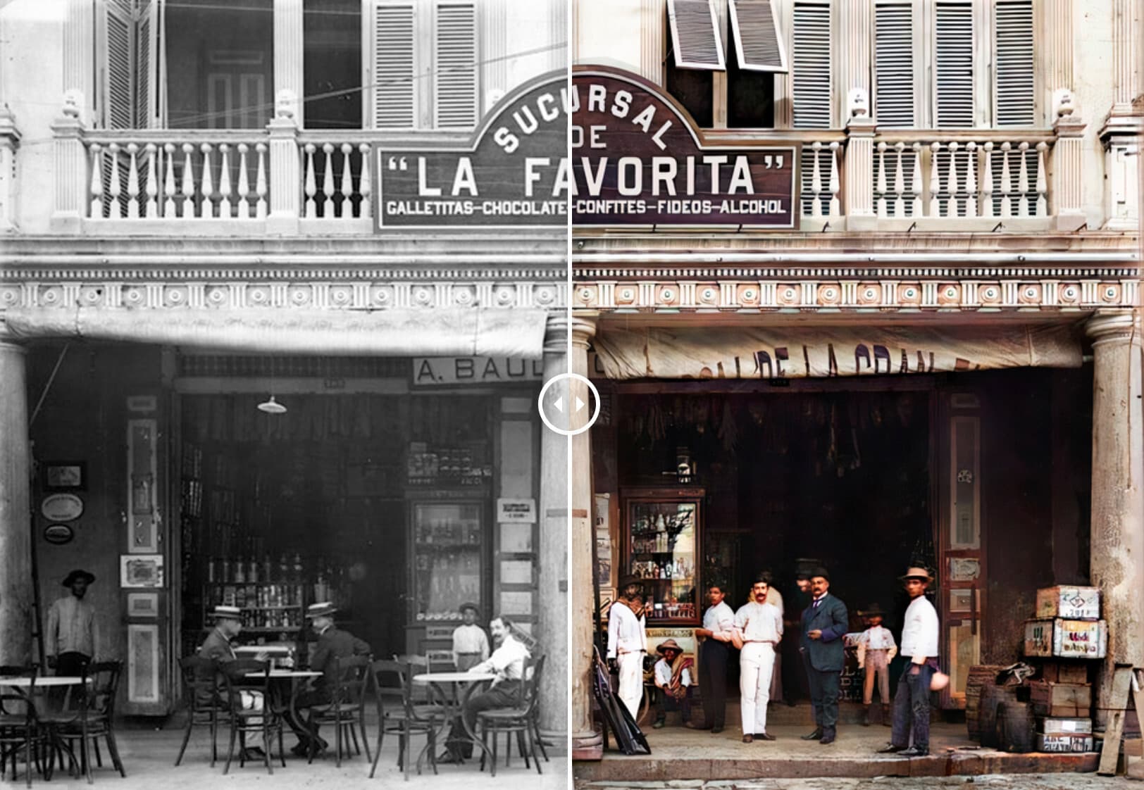 The before and after of a restoration of old photographs with artificial intelligence and Photoshop