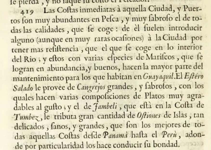 Page from Antonio Ulloa's 1748 chronicle mentioning the crabs of Guayaquil's Estero Salado