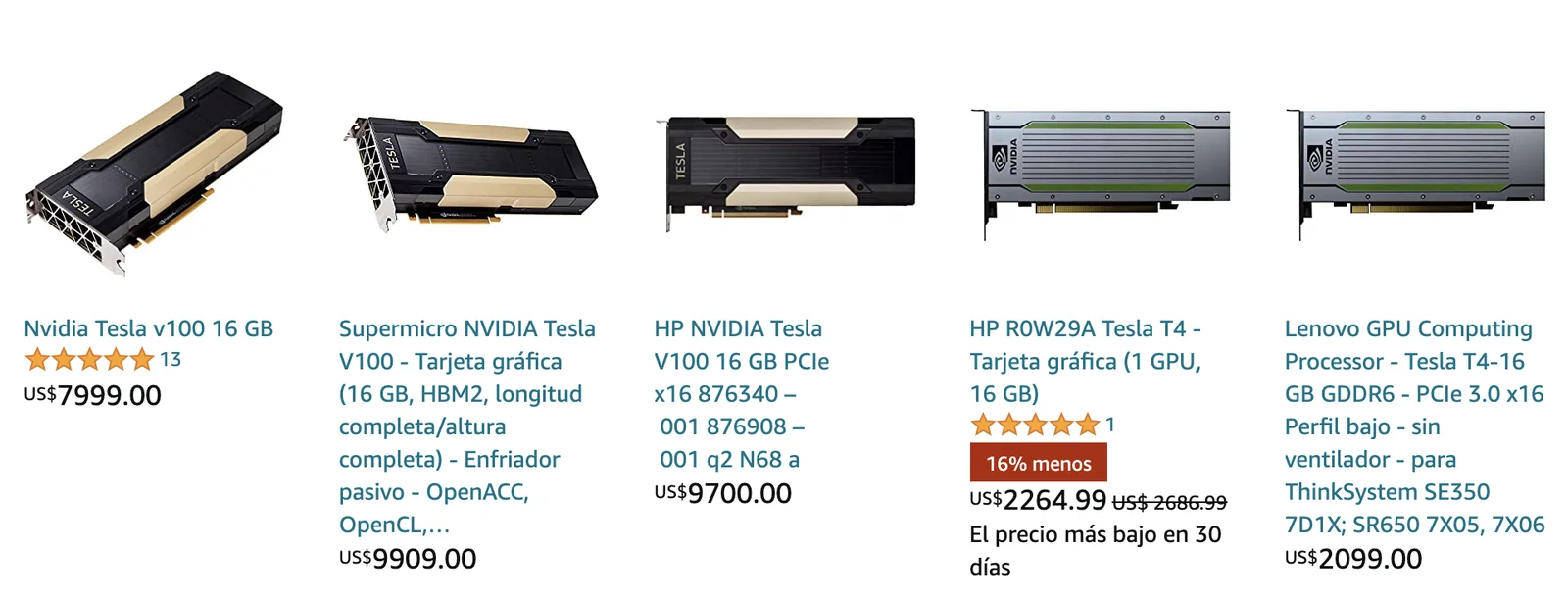 Listados de Amazon con tarjetas gráficas NVIDIA Tesla de entre 2099 y 9909 dólares