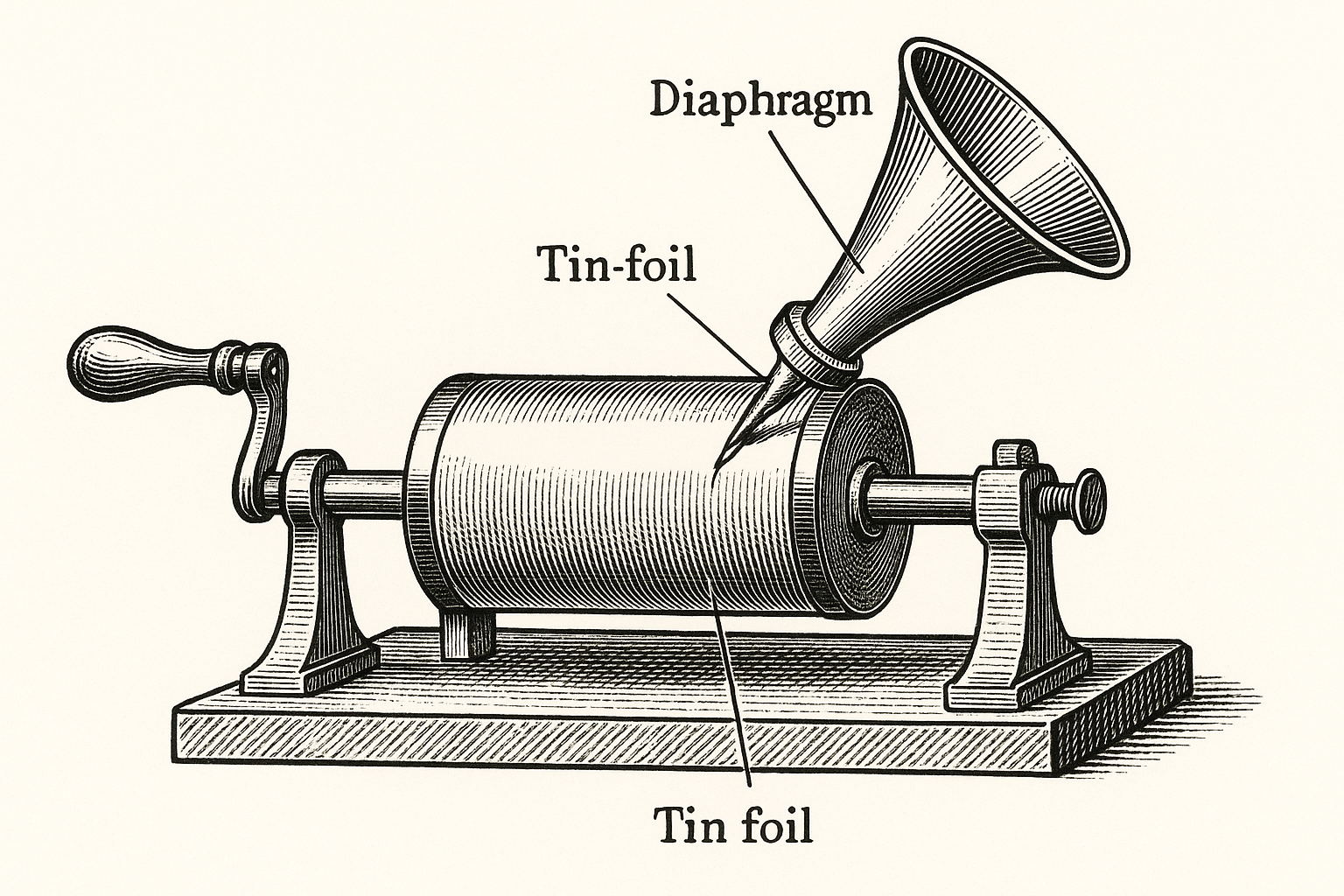 Diagram of Edison's 1877 phonograph: brass cylinder wrapped in tinfoil, crank, and mouthpiece with membrane and needle