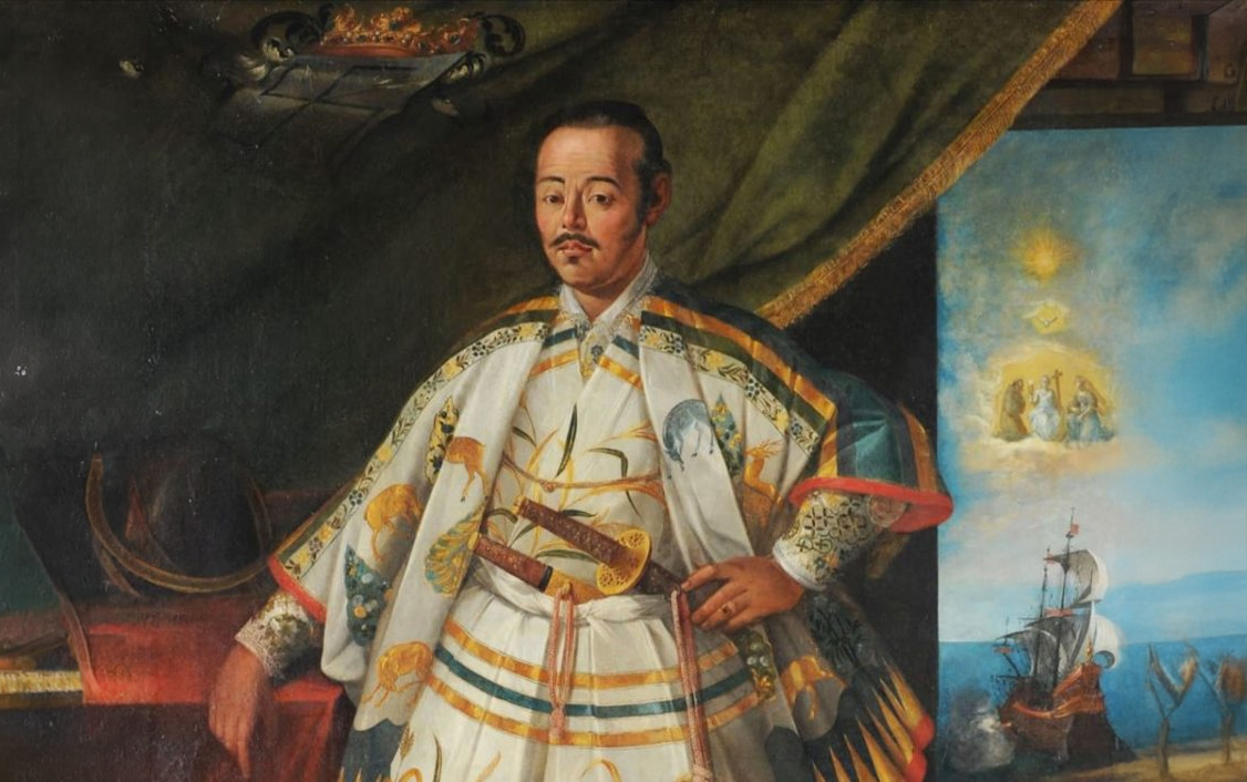 Retrato de Hasekura Tsunenaga con vestimenta de samurái y símbolos de su misión diplomática hacia Nueva España y Europa.
