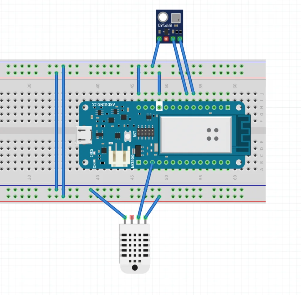 Diagrama de conexión del Arduino MKR1000 con los sensores BMP180 y DHT11 en protoboard