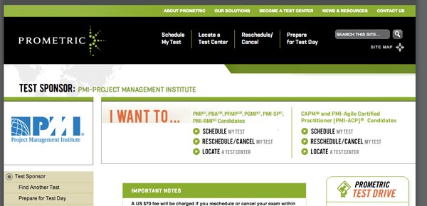 Prometric website page for scheduling Project Management Institute certification exams