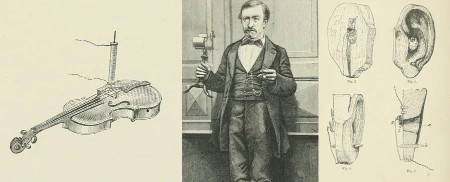 Violín usado como caja de resonancia, retrato de Philipp Reis y orejas talladas en madera