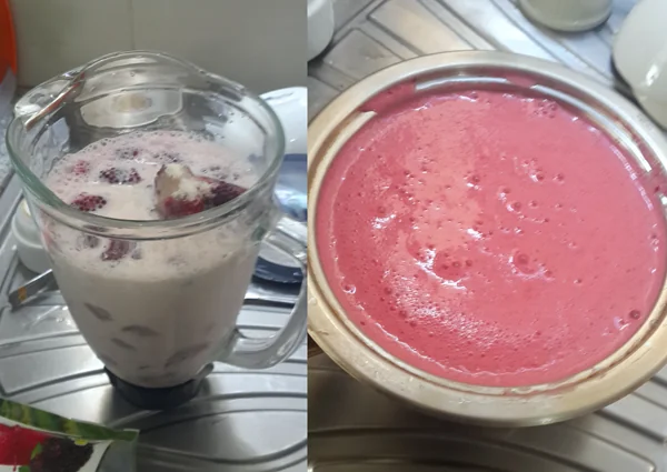 Mezcla de mora y leche en la licuadora y ya colada para retirar las semillas