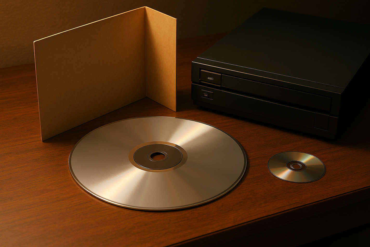 A silver LaserDisc the size of a vinyl record reflecting light next to an eighties-era player