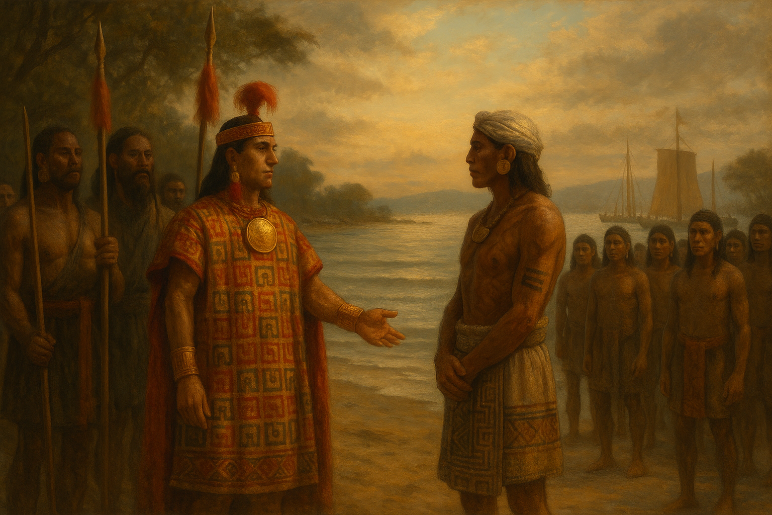 The Inca Huayna Cápac being received by cacique Tumbalá on the beach of Puná: the emperor arrives with his retinue of orejones and spears; the cacique greets him with ceremony, his warriors and balsa rafts in the background.