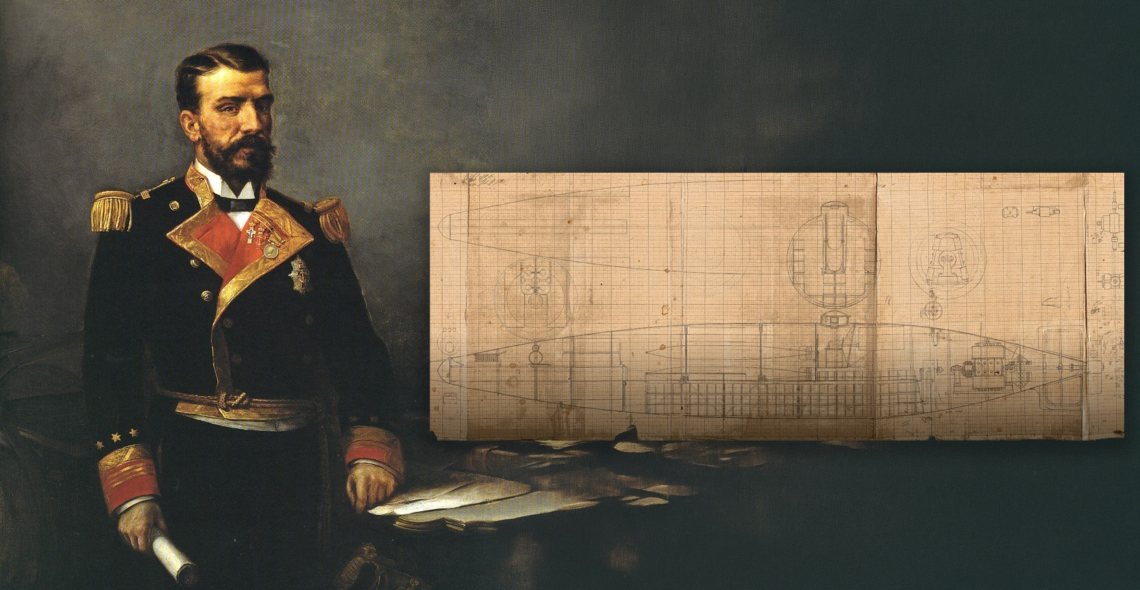 Retrato de Isaac Peral con uniforme naval junto a planos históricos de su submarino eléctrico.