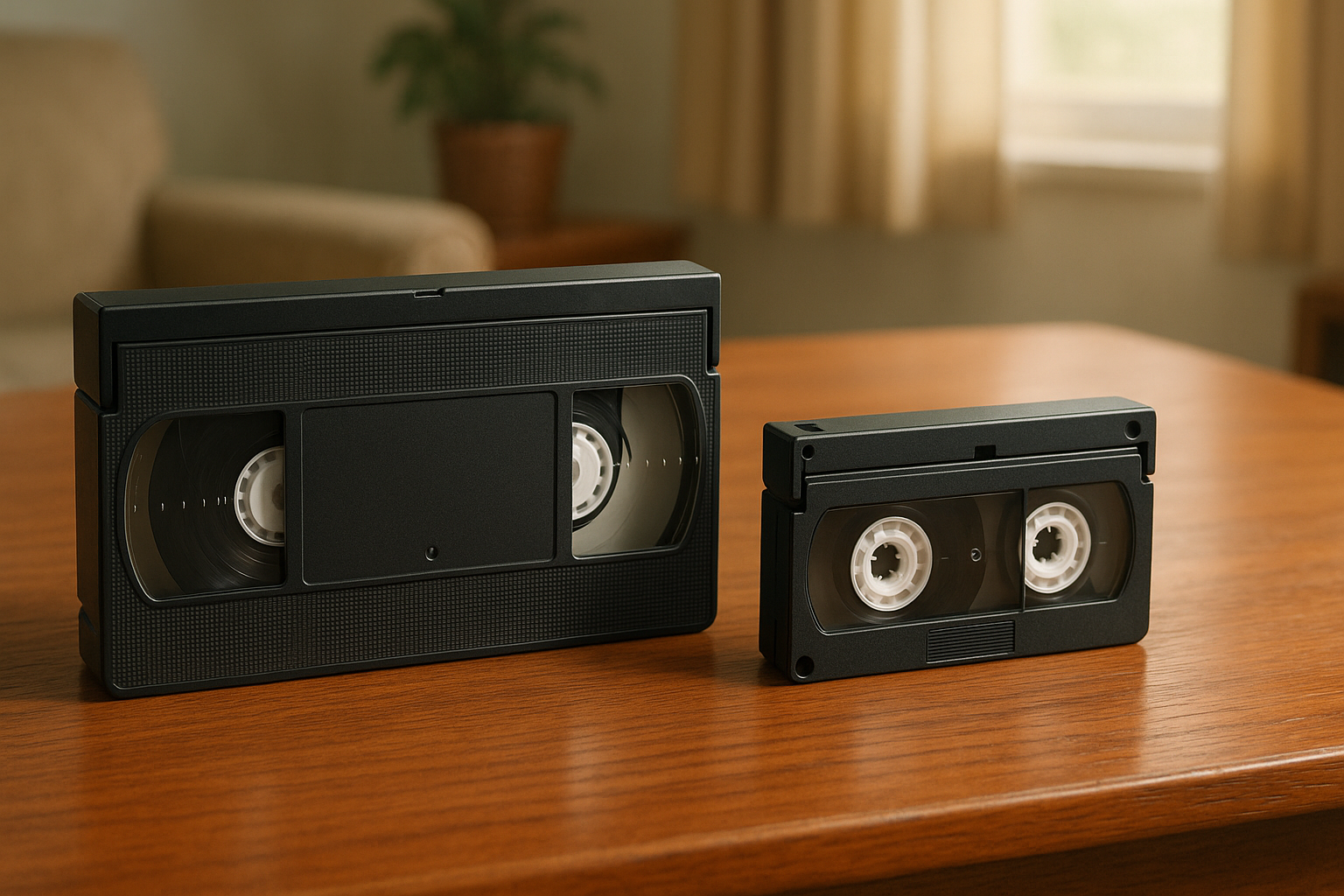 A VHS cassette and a Betamax cassette placed side by side on an eighties-era table