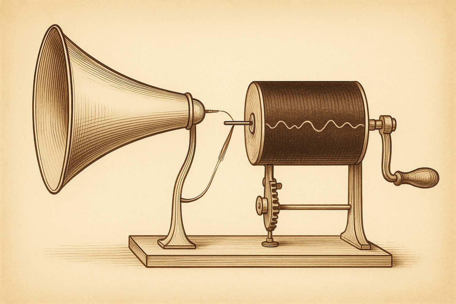 Diagram of Scott's phonautograph: horn, membrane with bristle, and cylinder of soot-blackened paper