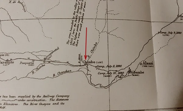 Whymper's 1880 route map, with a red arrow marking the location of Chimbo