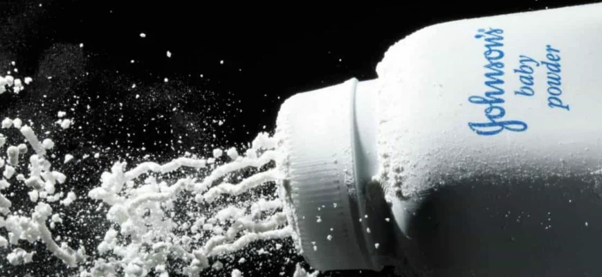 Johnson's Baby Powder bottle sprinkling talcum powder on a black background