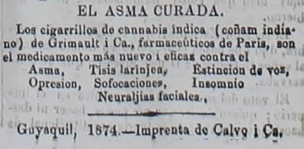 1874 Guayaquil newspaper ad for cannabis indica cigarettes as an asthma cure