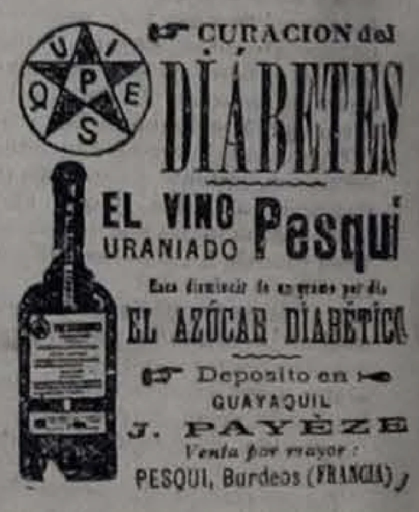 1893 ad for Vino Uraniado Pesqui, a supposed diabetes cure sold in Guayaquil