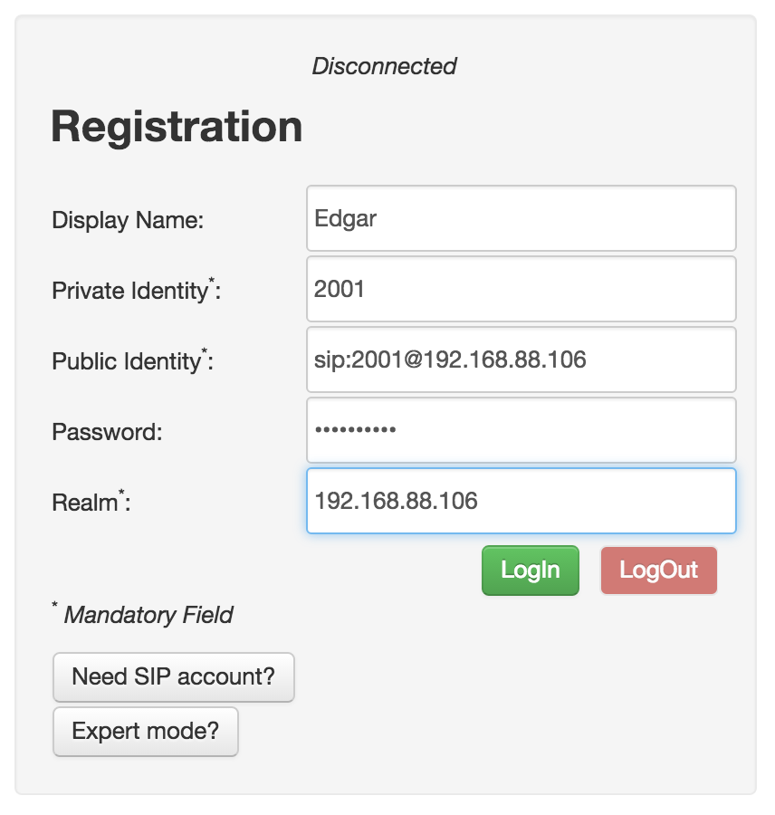 Formulario de registro del webphone sipml5 con la extensión 2001 hacia el servidor Elastix