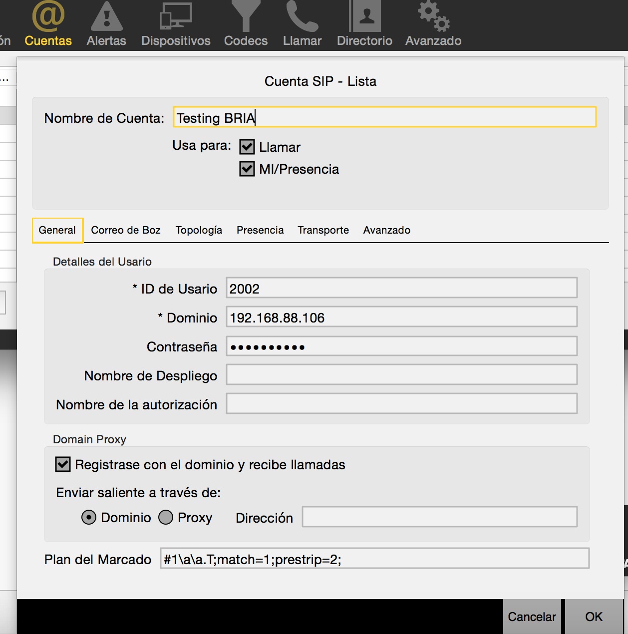 Configuración de la cuenta SIP de la extensión 2002 en el softphone BRIA