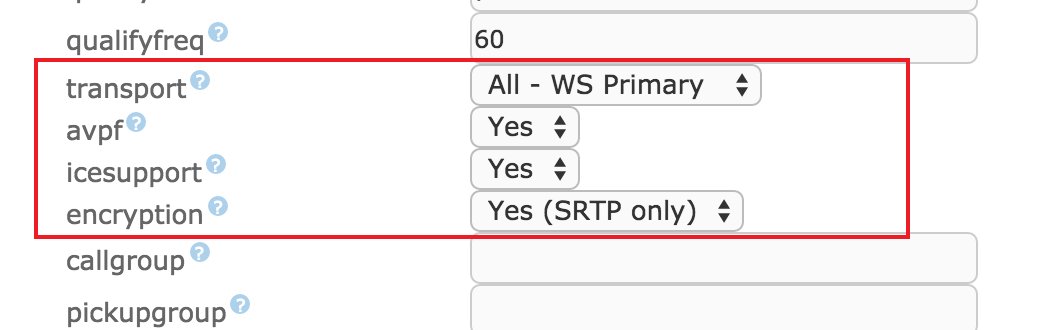 Opciones de la extensión en FreePBX: transport WS Primary, avpf, icesupport y cifrado SRTP activados