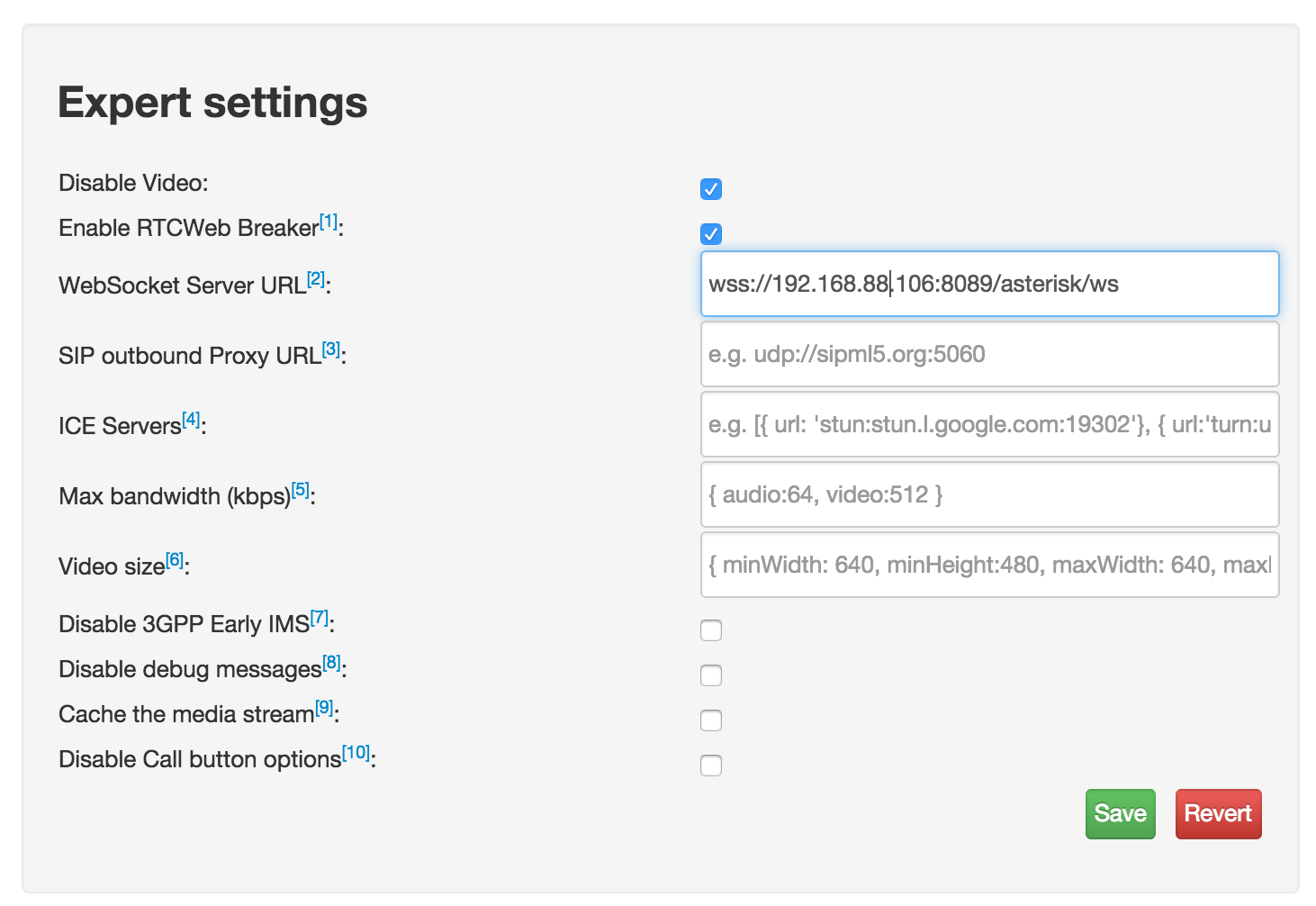 sipml5 Expert settings screen with the Asterisk WSS WebSocket URL