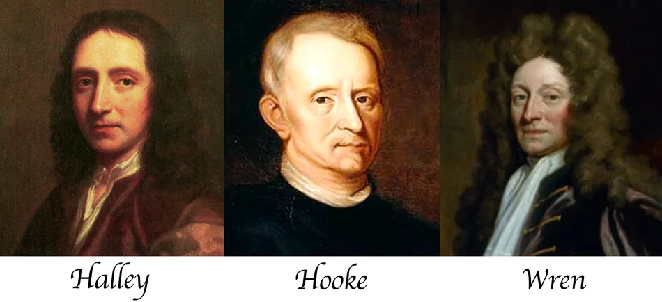 Portraits of Edmond Halley, Robert Hooke and Christopher Wren, the men behind the 1684 bet
