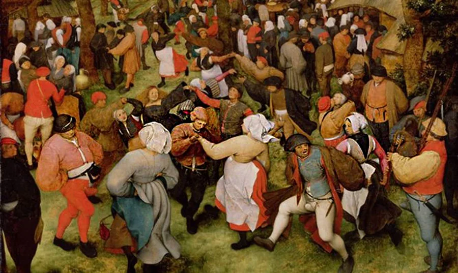Period Flemish painting of a crowd dancing frenetically through the streets of a village