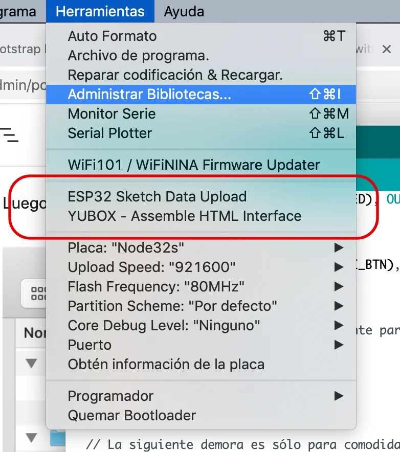 Arduino IDE Tools menu showing the new ESP32 Sketch Data Upload and YUBOX options